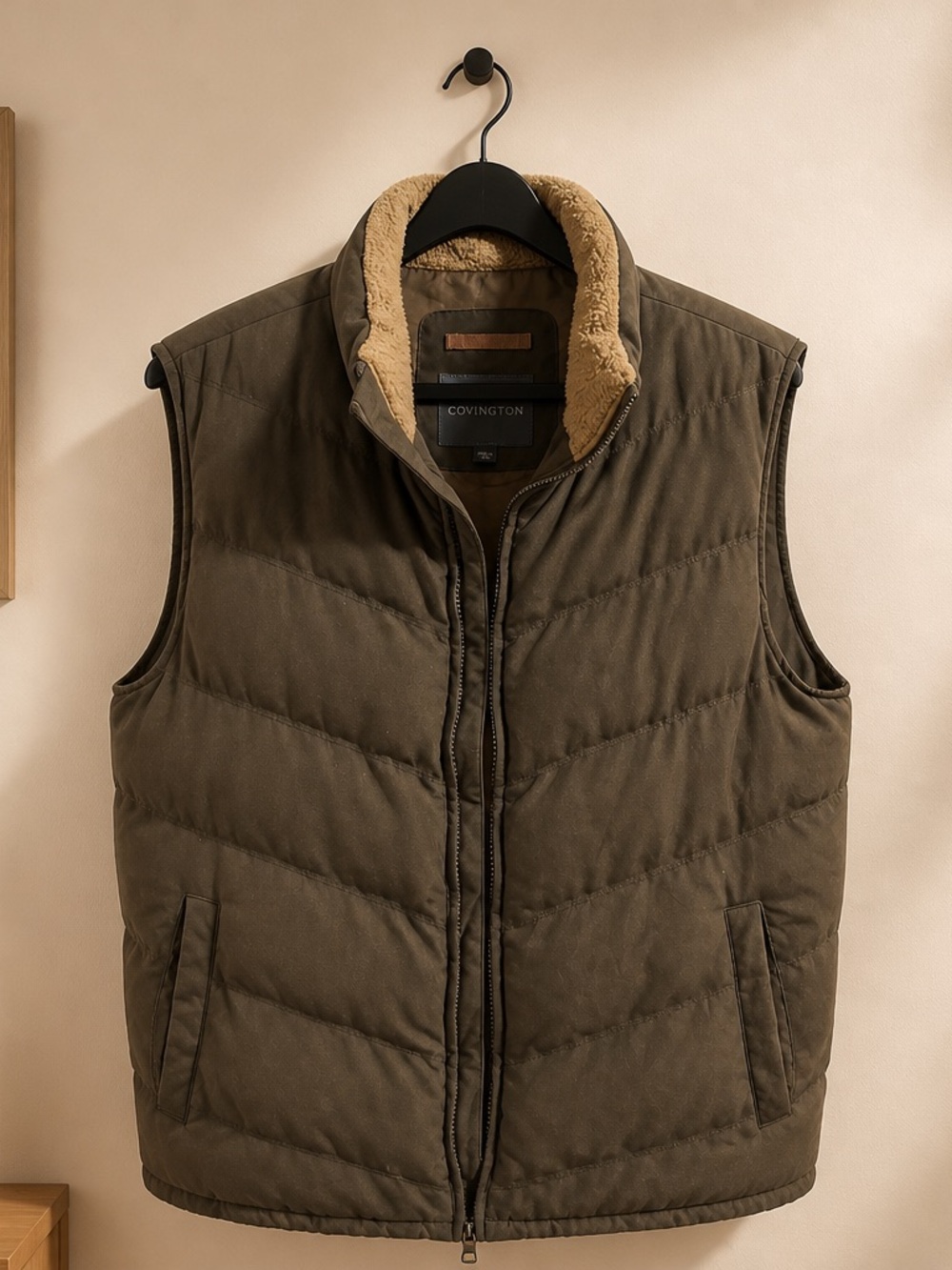 Covington Men's Olive Puffer Vest with Sherpa Collar